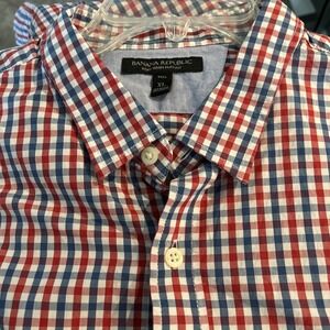Banana Republic Men Soft Slim Fit Plaid Shirt Size XL TALL Blue Red White Cotton